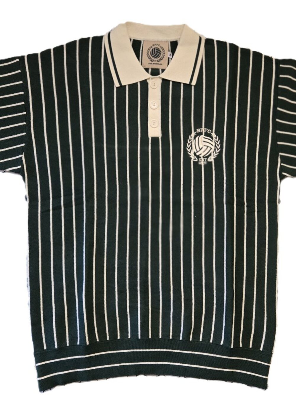 Green / Off-White Pinstripe Short Sleeve Knit Polo Shirt FC Futbol Inspired Med